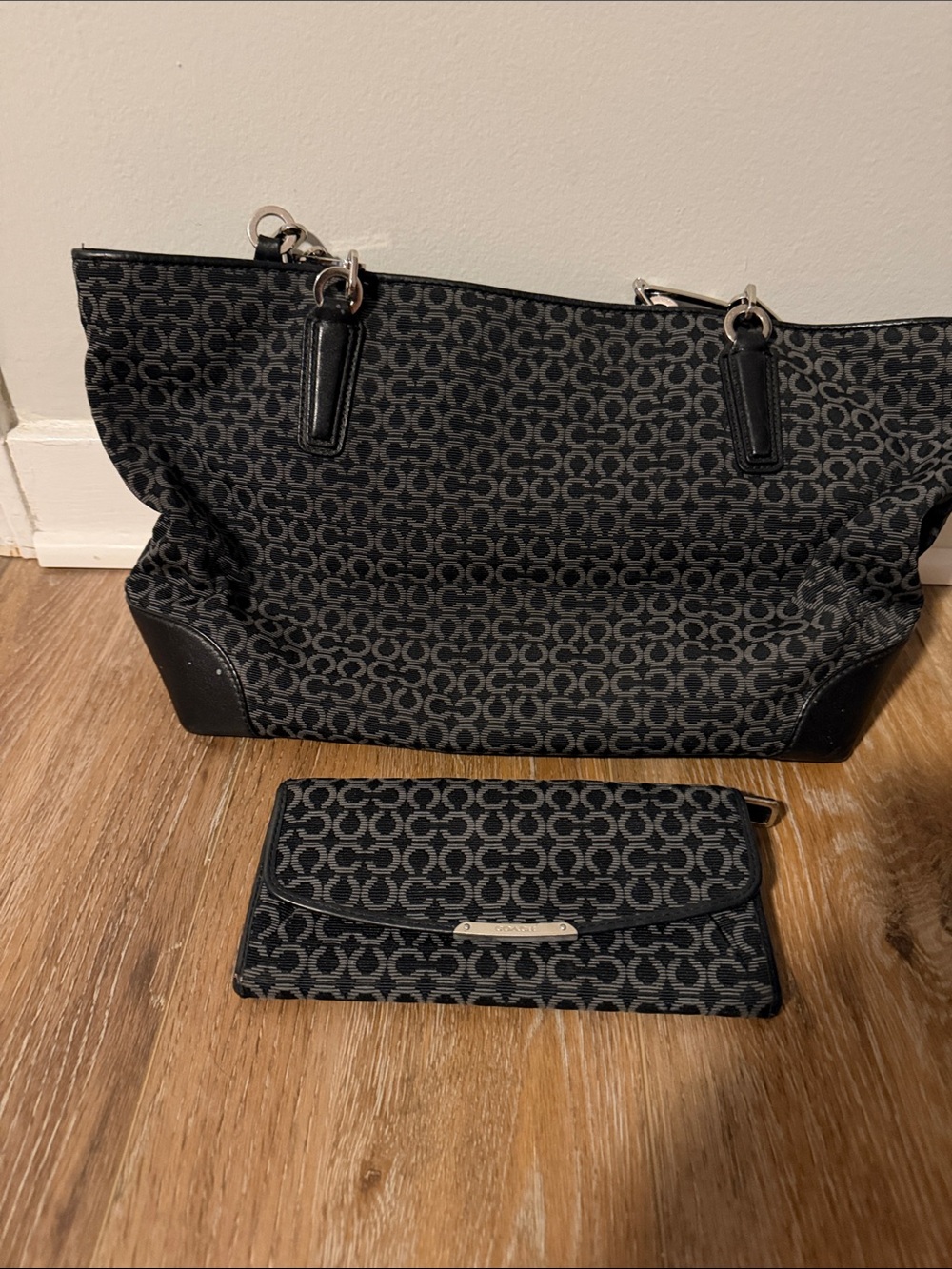 Coach Black Signature Jacquard Tote with Matching Wallet